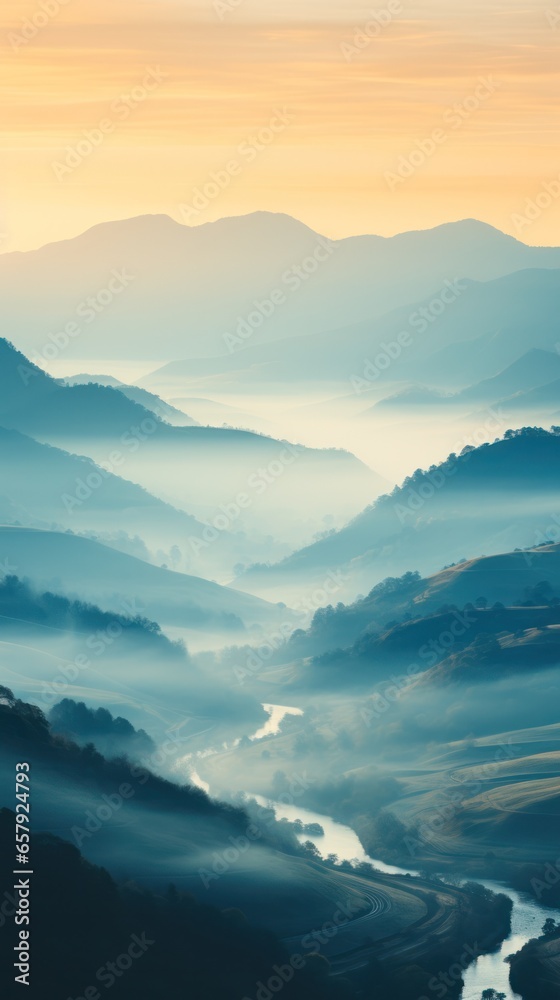 aerial perspective.mountains with valleys shrouded in fog.morning mountain landscape. 
