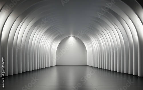 Blank light and dark interior background. White geometrically textured 3D white blank wall and smooth light floor with beautiful lighting