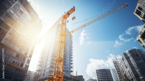 An Looking up at skyscraper construction site with yellow crane and elevator outside, high rise building construction. photo