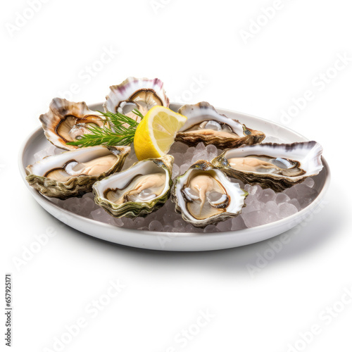 Plate of delicious oysters on white background. 