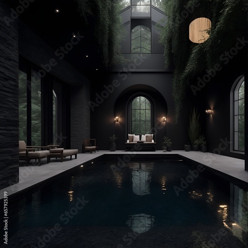 Interior de una casa con paredes negras y piscina © Niza
