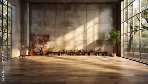 Empty Room with Wooden Floor and Concrete Wall