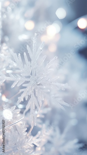 A close up of a snowflake on a christmas tree