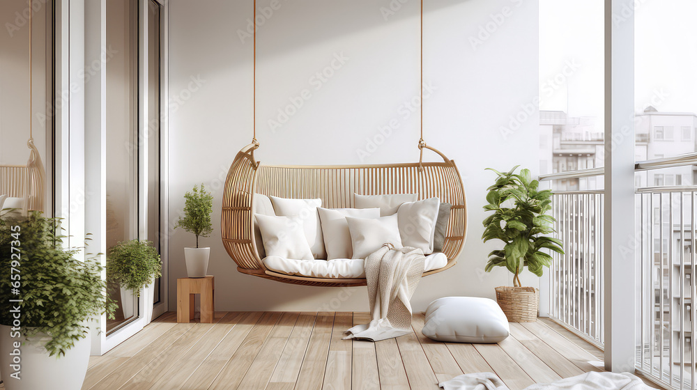 Cozy minimalist balcony interior in Scandinavian style, light colors. Nice balcony with designer repair and furniture.  - obrazy, fototapety, plakaty 