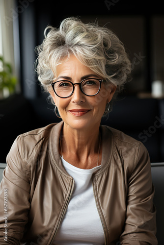 portrait of a senior European looking woman with glasses, university professor, teacher, book author, elegant clothes, styled hair, jewelry, book