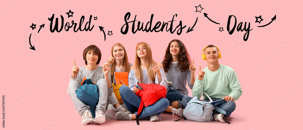Greeting card for World Students Day with group of teenagers Greeting card for World Students Day with group of teenagers