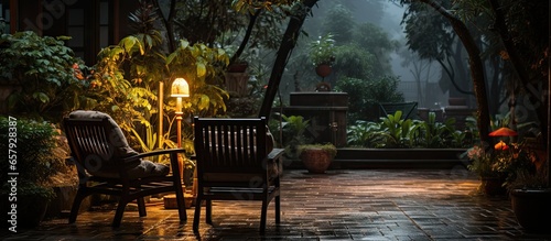 Fotografie, Obraz Rattan chair in a rainy courtyard evening