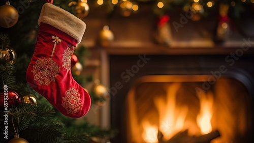 Christmas stocking hanging from mantlepiece 