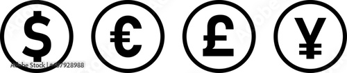 Selection of World Currencies Icon Set including US Dollar, Euro, British Pound Sterling, Japanese Yen or Chinese Yuan Coin Money Symbol. Vector Image.