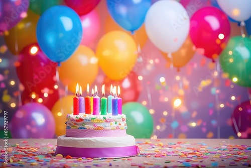 Birthday cake with candles on a background of colorful balloons