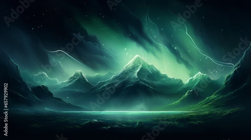 A painting of a mountain with green lights