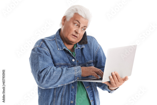 Senior man with laptop talk...