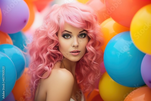Beautiful young fashion European pink hair girl smiling looking on camera balloons background © Odesza
