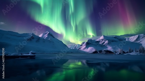 The aurora bore is shining brightly in the sky above a mountain range