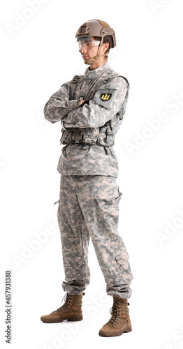 Young male soldier in full gear isolated on white background © Pixel-Shot