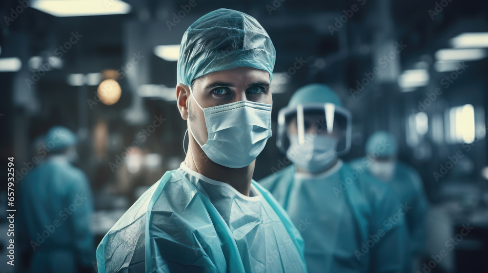 Generative AI, doctor in a mask and gown in the operating room, hospital, clinic, operation, treatment, surgeon, resuscitation, cardiology, neurosurgery, disease, virus, pandemic, medicine, medical Generative AI, doctor in a mask and gown in the operating room, hospital, clinic, operation, treatment, surgeon, resuscitation, cardiology, neurosurgery, disease, virus, pandemic, medicine, medical