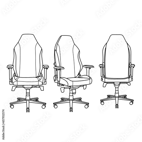 Vector illustration of Gaming chairs hand drawn sketch, Ergonomic chair outline line art in front, isometric and rear view, isolated on white background