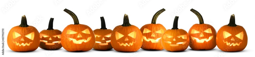 A lot of pumpkins in a row isolated on white A lot of pumpkins in a row isolated on white