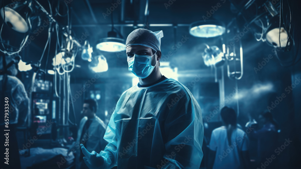 Fototapeta premium Generative AI, doctor in a mask and gown in the operating room, hospital, clinic, operation, treatment, surgeon, resuscitation, cardiology, neurosurgery, disease, virus, pandemic, medicine, medical