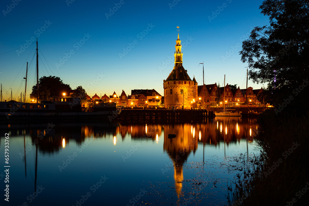 Historical Hoofdtoren tower in the harbor of Hoorn town. North Holland. Netherlands