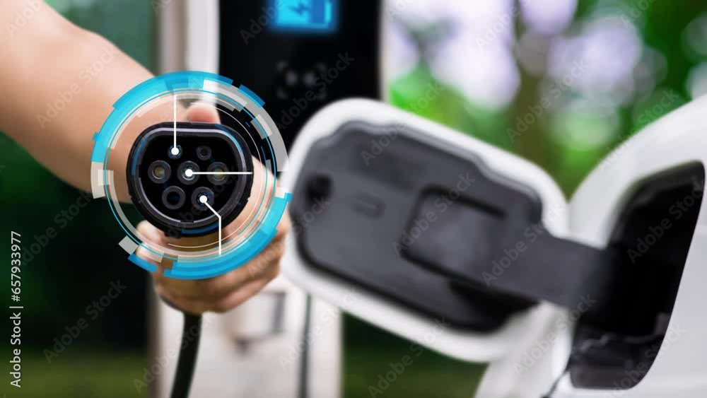 Focus EV charger pointing in front of camera display futuristic smart