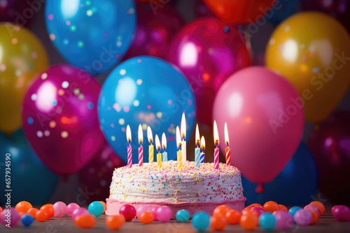 Birthday cake with candles on a background of colorful balloons
