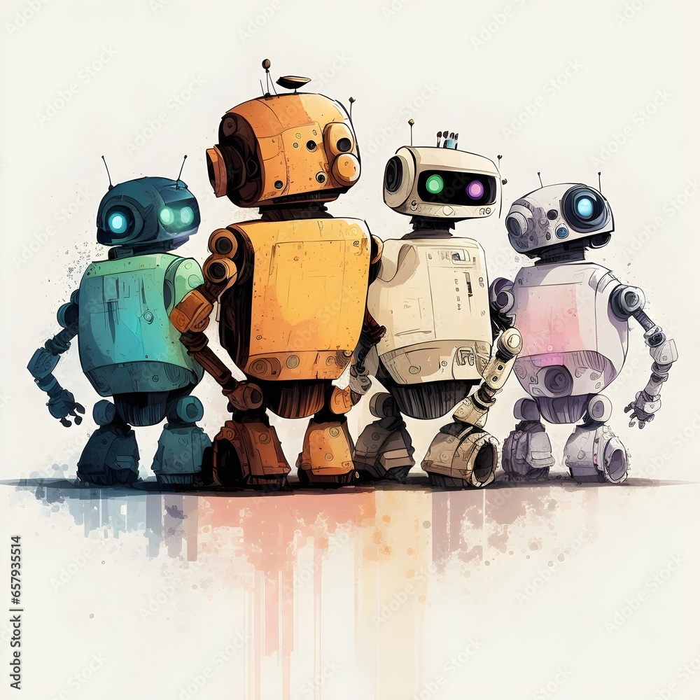 four disney style robots embraced shot from behind in a white background freehand style  - obrazy, fototapety, plakaty 