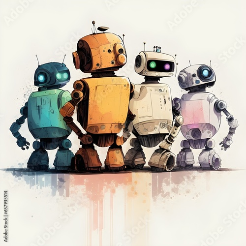 four disney style robots embraced shot from behind in a white background freehand style 