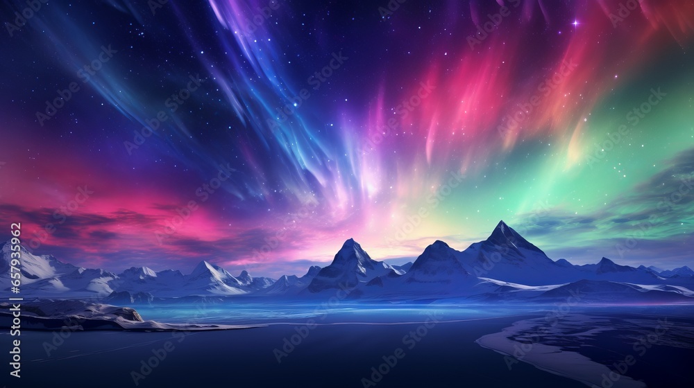 A colorful sky with mountains and stars in the background