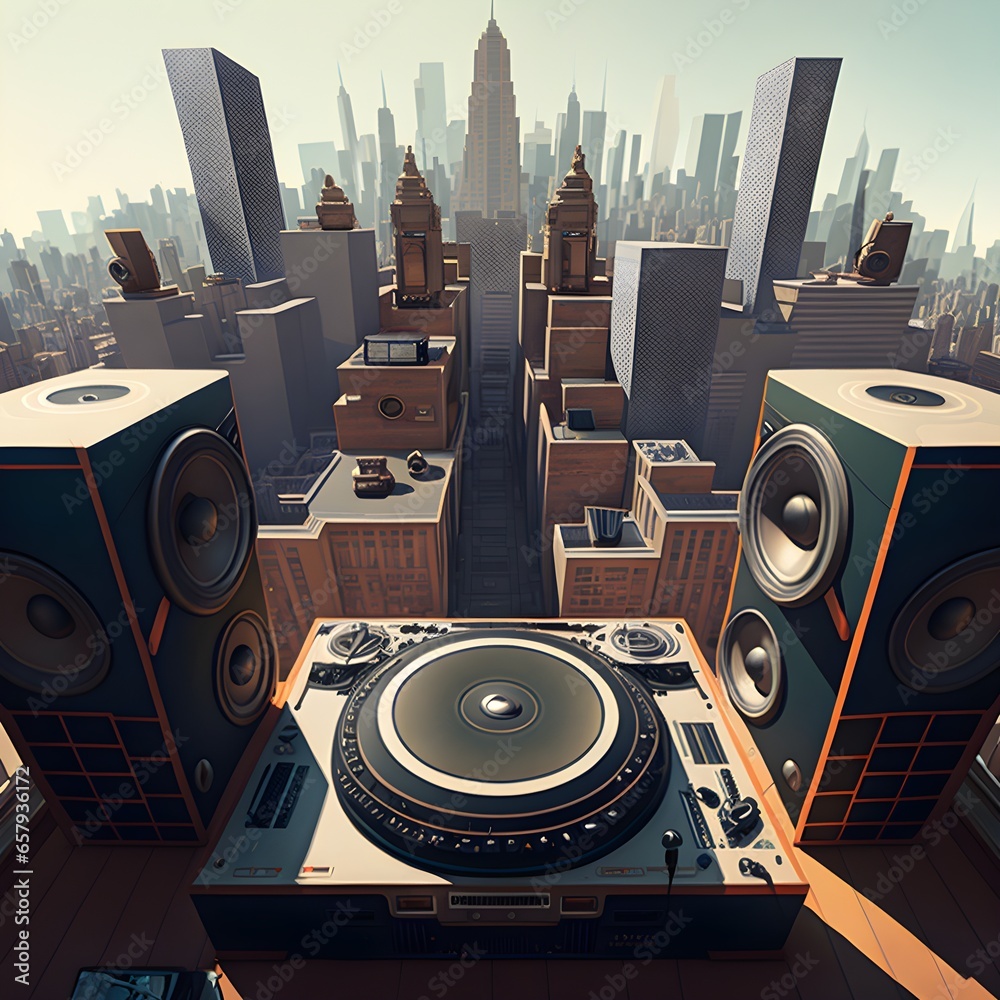 Super realistic wide angle view of a cityscape where two of the skyscrapers in the distance are actually gigantic stereo speakers facing forward and theres a huge record player on the roof of a  - obrazy, fototapety, plakaty 