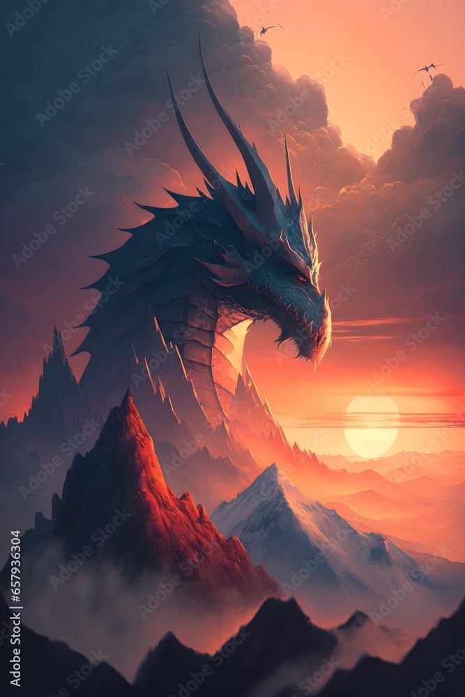 i see huge mountain at horizon and dragon sitting on it peak in the light of rising sun  - obrazy, fototapety, plakaty 