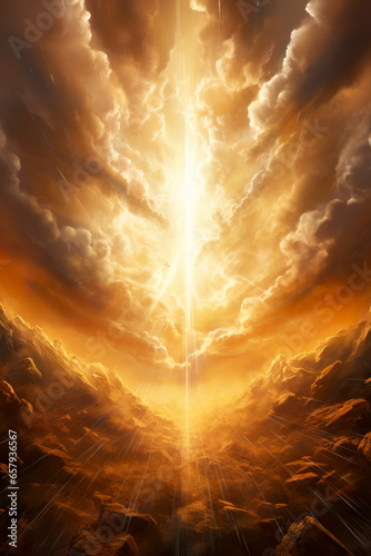 Digital illustration of celestial light with opening golden gates. Fantastic singular ray as a sign of the apocalypse. Animation of light coming from the heavens.