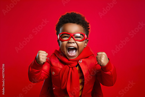 A child in red superhero costume shows exciting joyful emotions photo