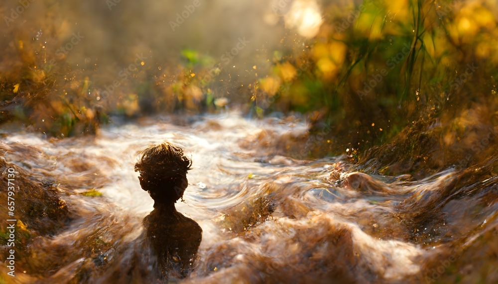 boy standing under flowing water head tilted forward 8k high detail beautiful water bright skin tone  - obrazy, fototapety, plakaty 
