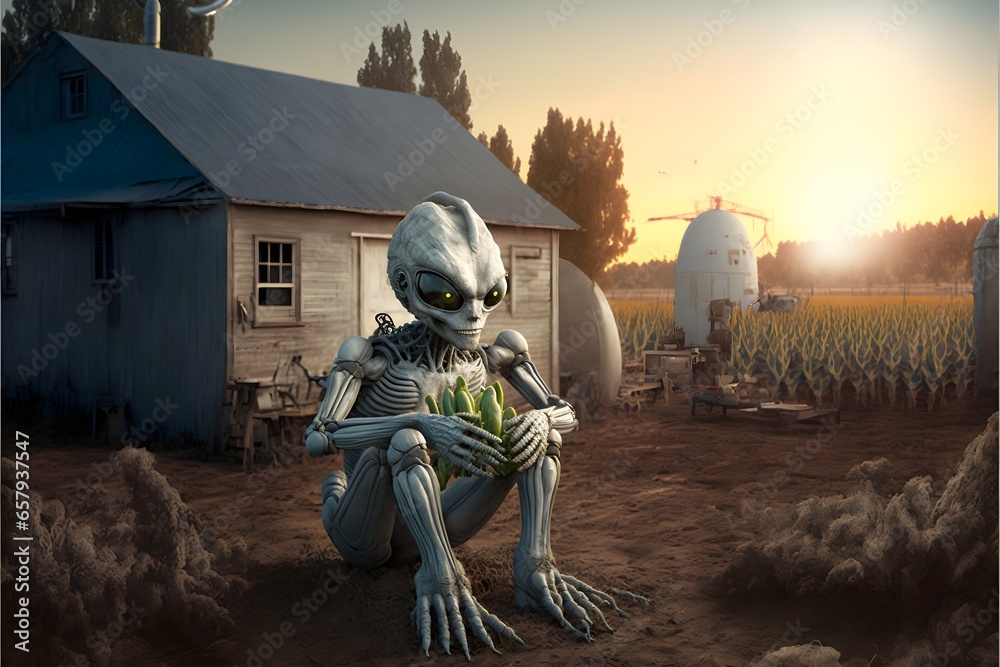 Alien at the farm colour picture full body shot ultra detailed photorealistic  - obrazy, fototapety, plakaty 