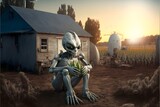 Alien at the farm colour picture full body shot ultra detailed photorealistic 