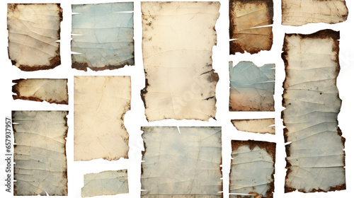 Vintage Ripped Paper Collection: Grungy Stained Scraps for Digital Collages on Transparent Background