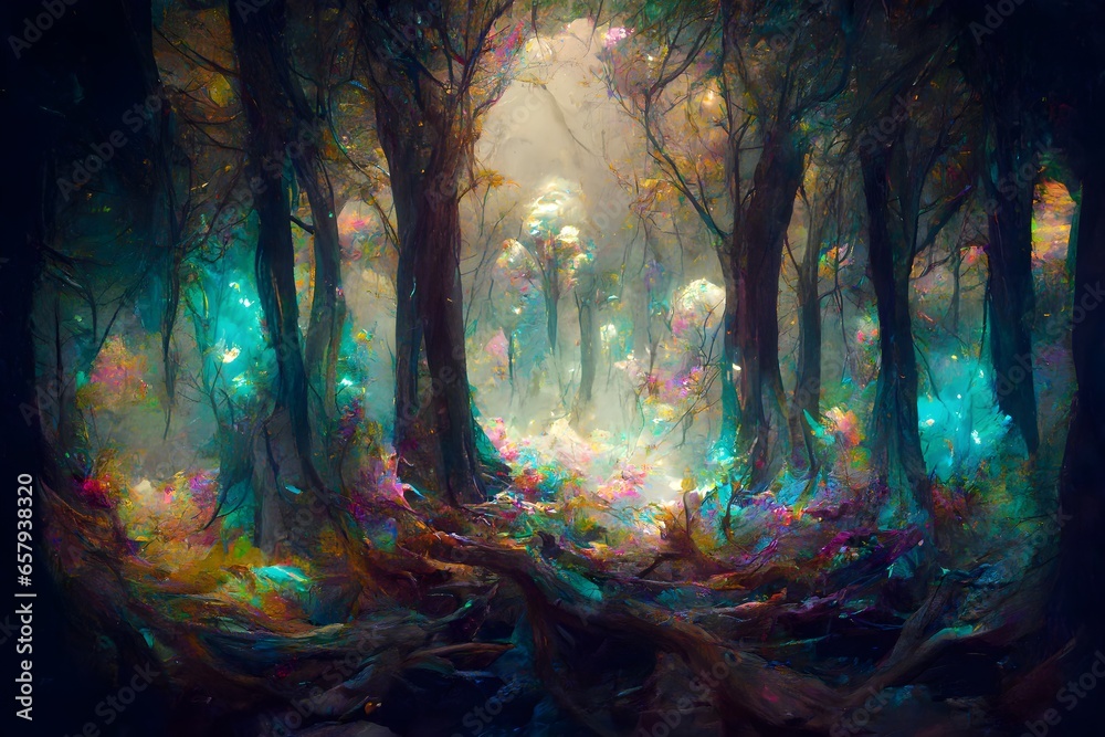 ethereal spirit forest3 foggy whimsical microbokeh fungi and branches multicolored leaves cinematic coverart photography 8k lsd abstract dmt psychedelia holographic ascension ar 2113 q 2 chaos 10  - obrazy, fototapety, plakaty 