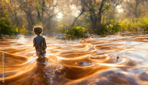 boy standing under flowing water head tilted forward 8k high detail beautiful water bright skin tone  photo