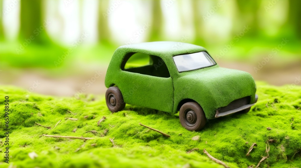 クリーンな電気自動車イメージ、木製のおもちゃの車｜Clean electric car image. wooden toy car. Generative AI