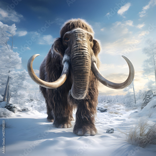 A Woolly Mammoth in the snow. A depiction of an extinct prehistoric animal. Generative ai.  © PixelHD