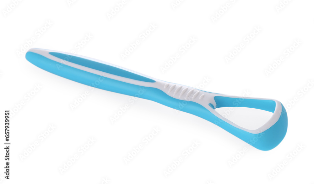 One light blue tongue cleaner isolated on white. Dental care One light blue tongue cleaner isolated on white. Dental care