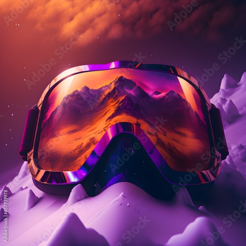 Ski goggles reflecting snow mountains orange purple hyper realistic cinematic lighting  photo