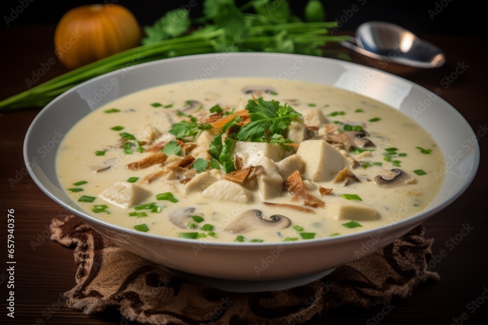 Scrumptious Delight of a Homemade German Hühnerfrikassee: A Mouthwatering, Creamy Chicken Stew Bursting with Flavor and Garnished with Tender Potatoes, Peas, Carrots