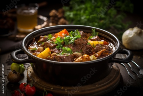 A mouthwatering close-up of Eintopf, a traditional German stew, simmering with flavorful ingredients, perfect for chilly days and offering comforting nourishment in cold weather