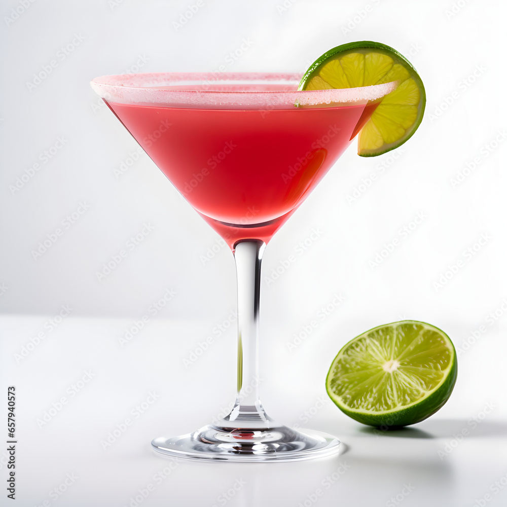 A Cosmopolitan cocktail with a lime garnish isolated on a white background. Generative ai. 