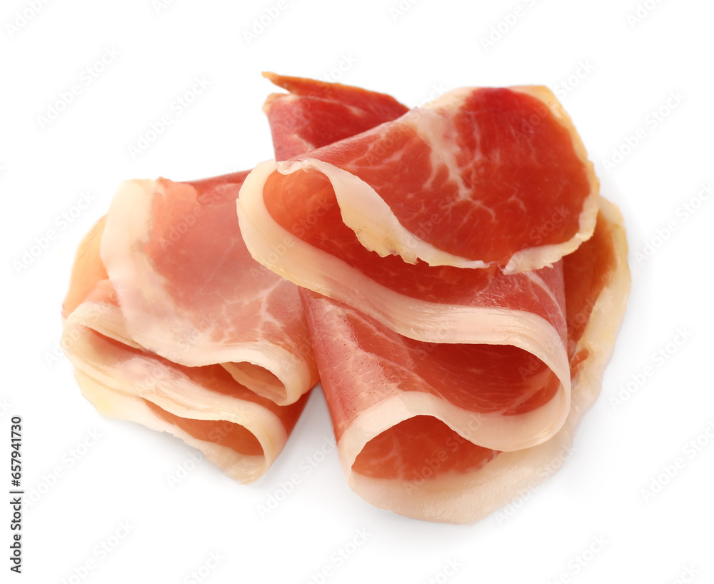 Slices of delicious jamon on white background Slices of delicious jamon on white background