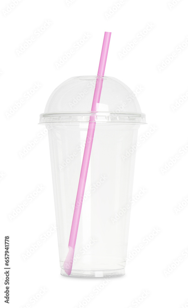 Empty plastic cup with straw isolated on white Empty plastic cup with straw isolated on white
