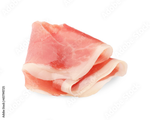Slice of tasty jamon isolated on white