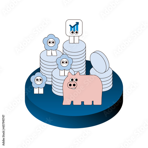 積み重なるコインとお金にまつわるキャラクターたち